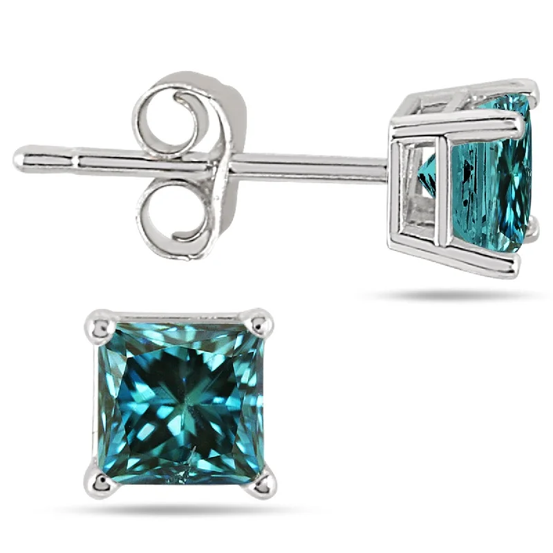 Marquee 3/4 Carat Princess Cut Blue Diamond Solitaire Earrings in 14K White Gold