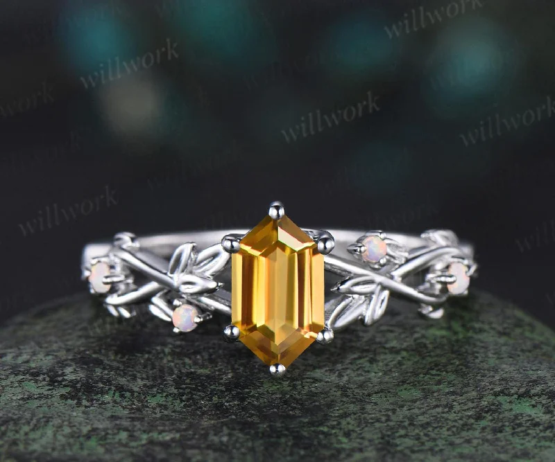 Long hexagon cut yellow citrine engagement ring solid 14k white gold branch leaf opal ring November birthstone unique anniversary ring gift