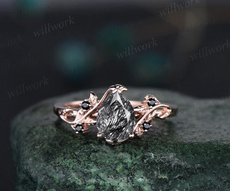 Pear black rutilated quartz ring vintage five stone black spinel ring twig leaf unique engagement ring rose gold black gemstone ring women