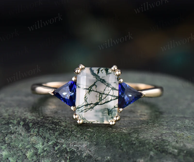 Vintage emerald cut moss agate engagement ring rose gold trillion cut sapphire ring unique bridal wedding ring jewelry gifts