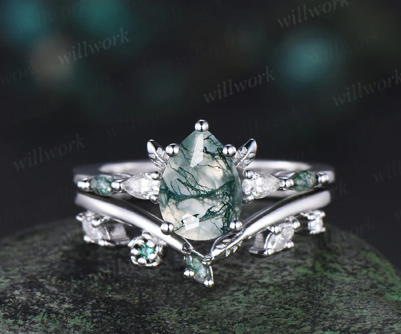 Pear moss agate ring white gold five stone leaf unique engagement ring set stacking wedding ring set women