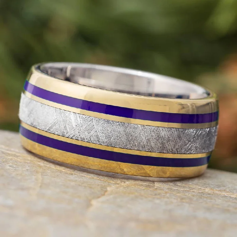 Purple & Gold Men's Ring With Meteorite