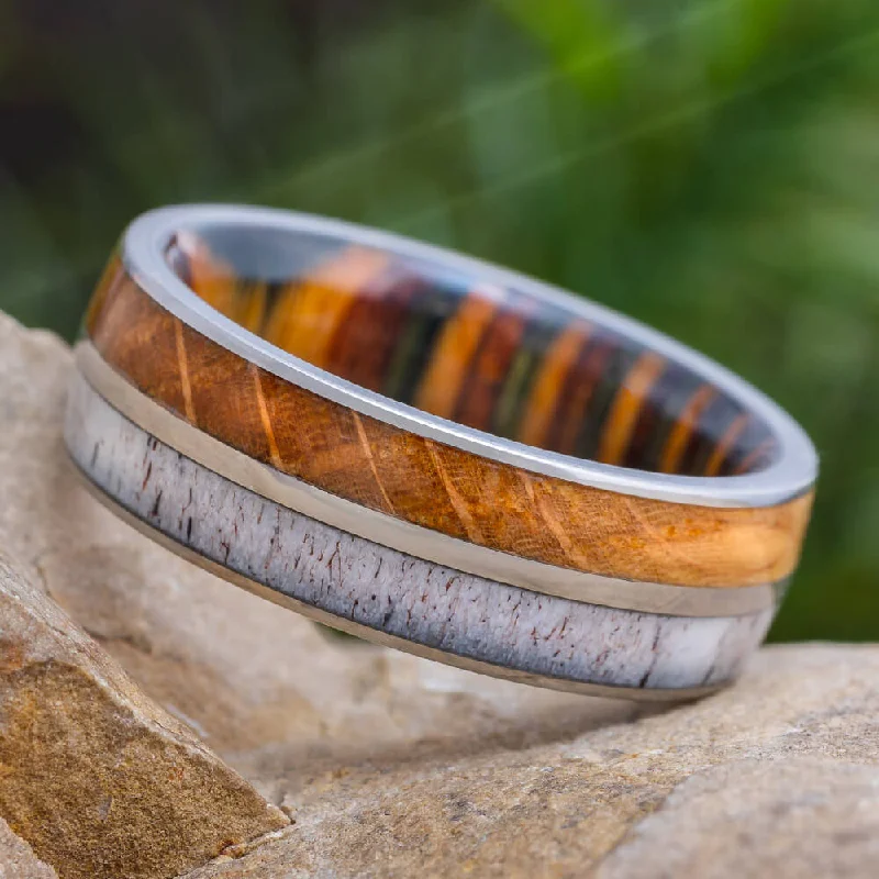 Titanium Wedding Band with Exotic Woods and Antler