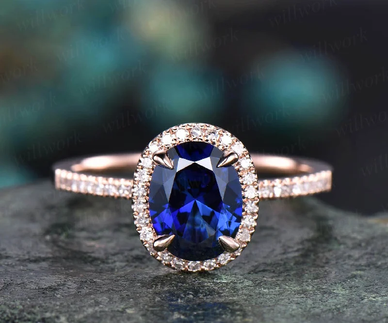 7x9mm oval blue sapphire engagement ring 14k rose gold real diamond ring Lab sapphire ring September birthstone ring anniversary gift