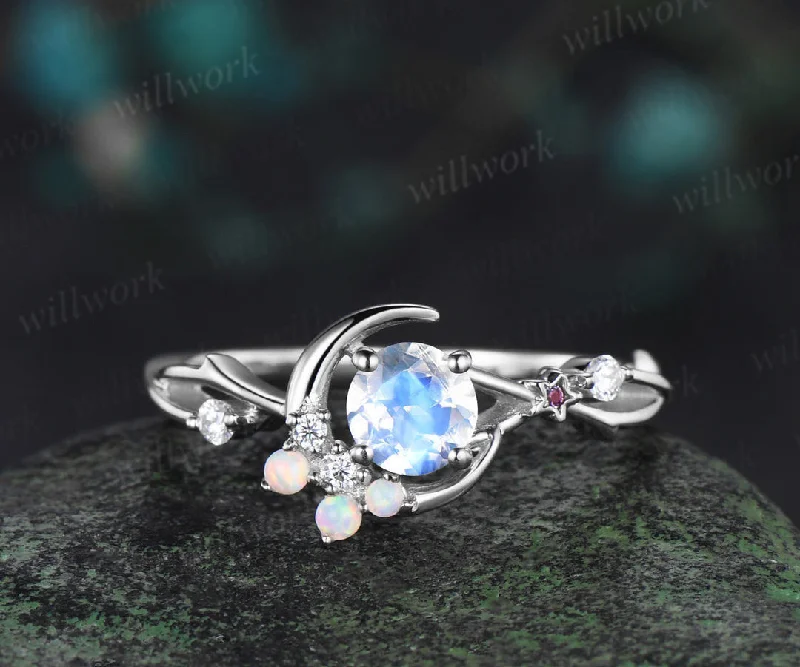 READY TO SHIP: Round Moonstone Engagement Ring - Sterling Silver - Ring Size: 9.25 US