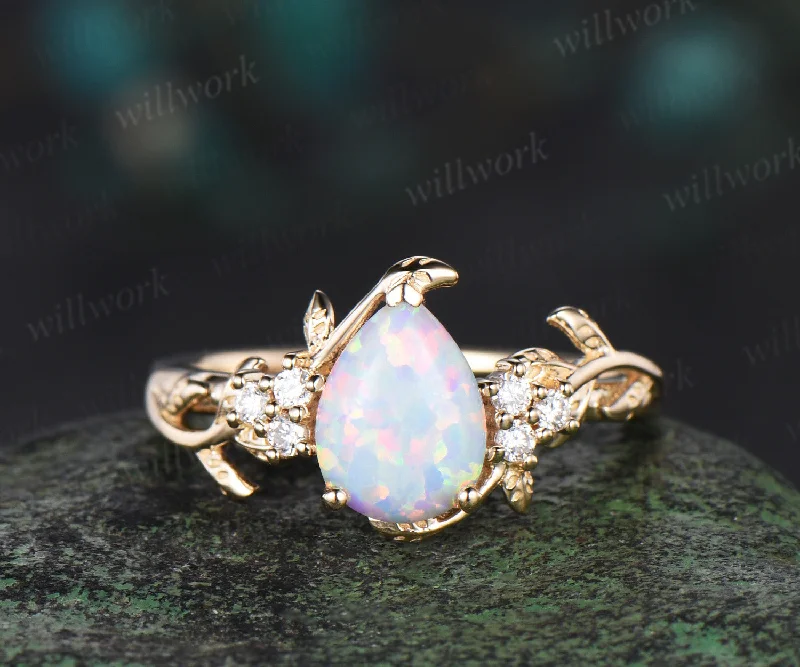 Pear shaped white opal engagement ring vintage twisted vine leaf diamond ring vintage nature inspired anniversary gift opal jewelry