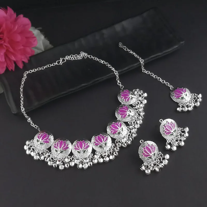 Kriaa Oxidised Plated Pink Meenakari Necklace Set With Maang Tikka - 1116015C