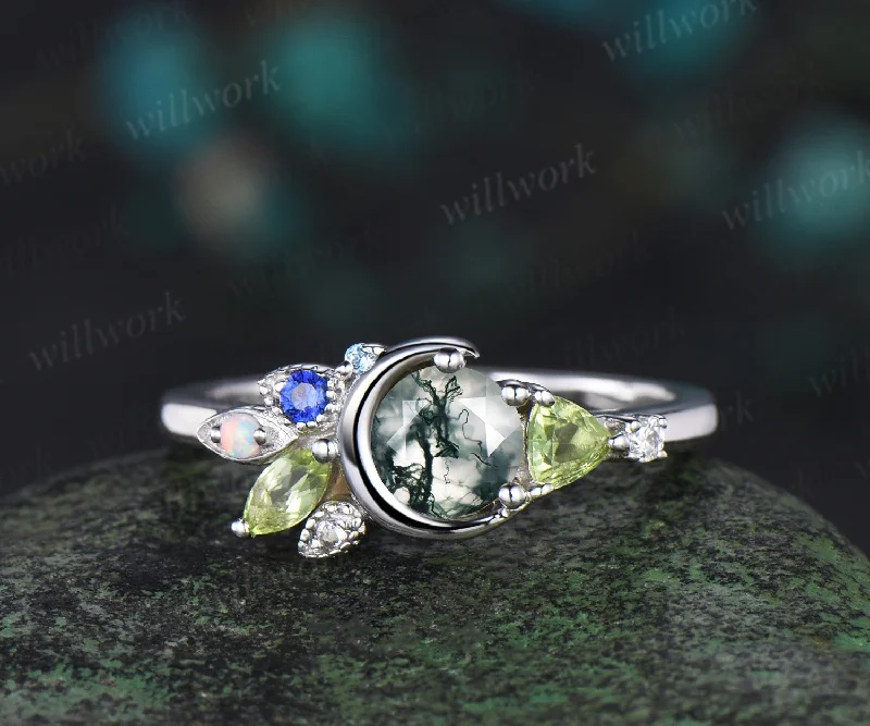 Round cut moss agate ring white gold peridot sapphire Multi-Stone Ring cluster moon Engagement Ring women gift