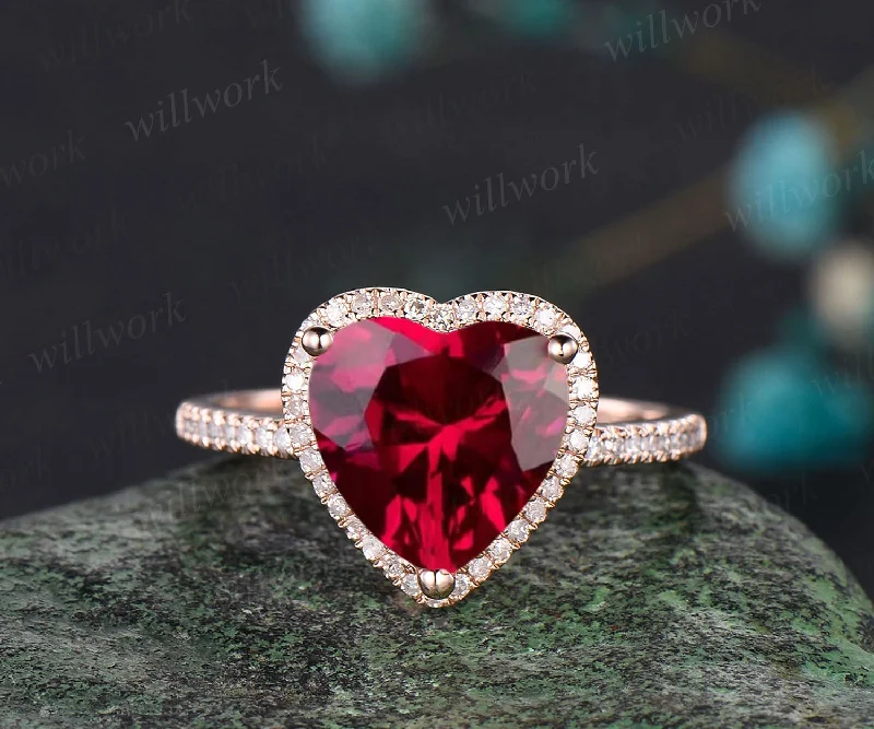 Ruby Engagement Ring-Handmade Solid 14k Rose Gold Ring-Real Floral Moissanites Red Heart Shaped Cut Gemstone Promise Ring