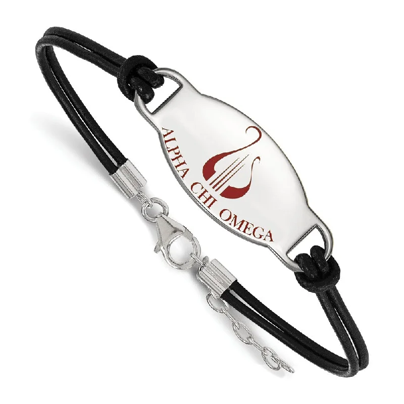 Sterling Silver Alpha Chi Omega Enamel Black Leather Bracelet - 7 in.