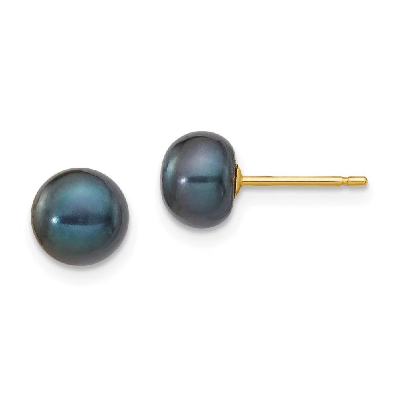 14k Yellow Gold Black Button Cultured Pearl Stud Earrings (L-6 mm, W-7 mm)