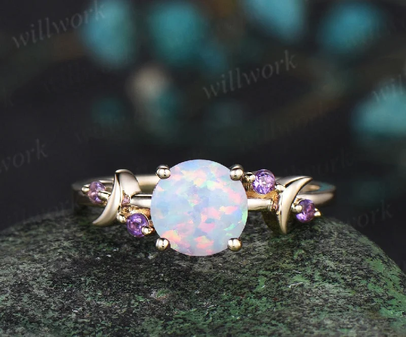 Round white opal engagement ring retro moon amethyst deco ring 14k yellow gold unique crescent promise ring October birthtone jewelry gifts