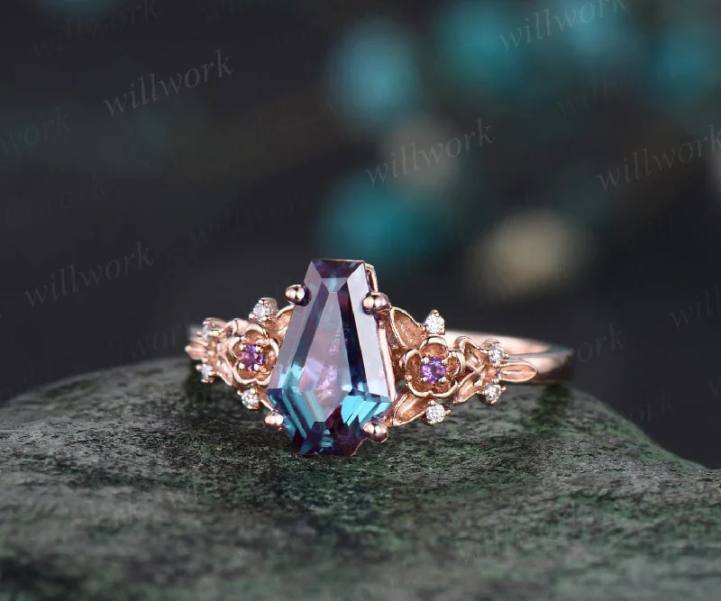 Vintage coffin cut alexandrite engagement ring rose gold twig leaf floral amethyst ring unique cluster diamond wedding ring set women gift