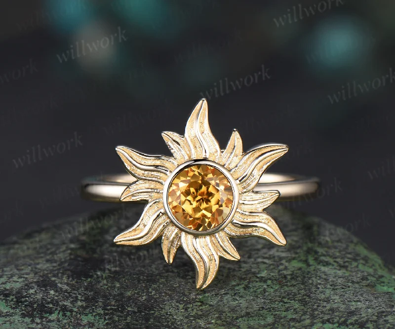 Tangled Rapunzel Princess Sun Engagement Ring 14k yellow Gold Citrine Ring Sunflower Solitaire Wedding Promise Ring Gift For Her