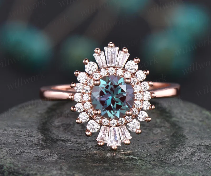 Unique vintage engagement ring round color change Alexandrite engagement ring 14k rose gold June birthstone ring moissanite CZ halo ring