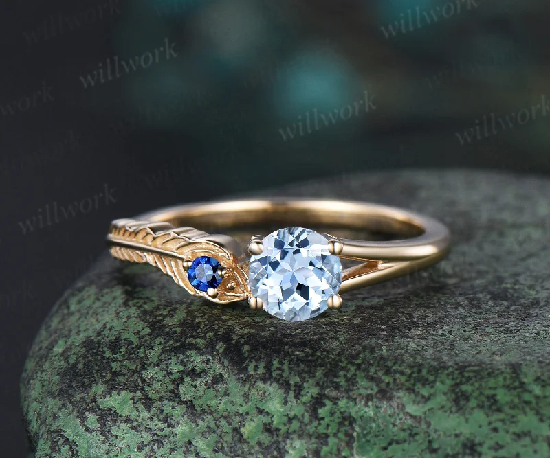 Vintage round cut aquamarine Engagement Ring solid 14k yellow gold Peacock Feather two stone sapphire wedding promise ring women gift