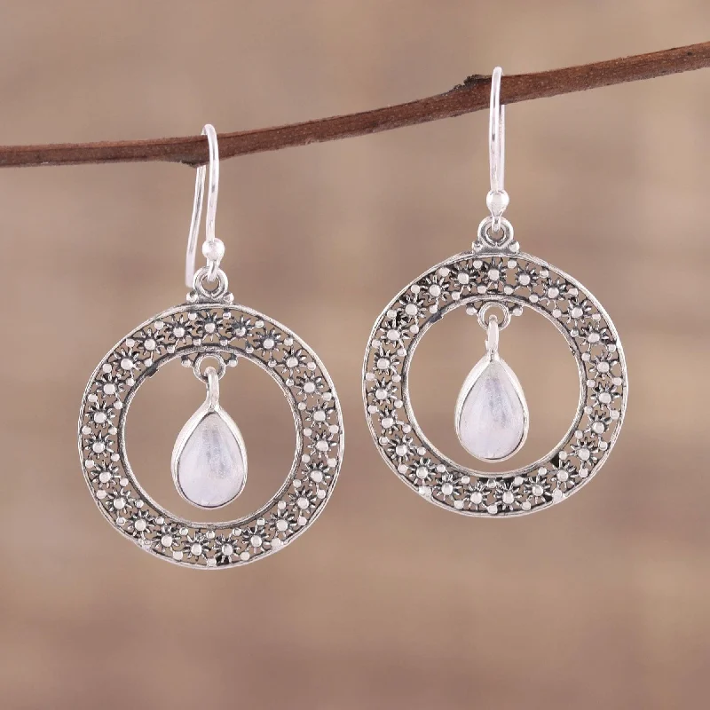 Handmade Sterling Silver 'Floral Loop in White' Rainbow Moonstone Earrings (India) - 1.6L*0.9W