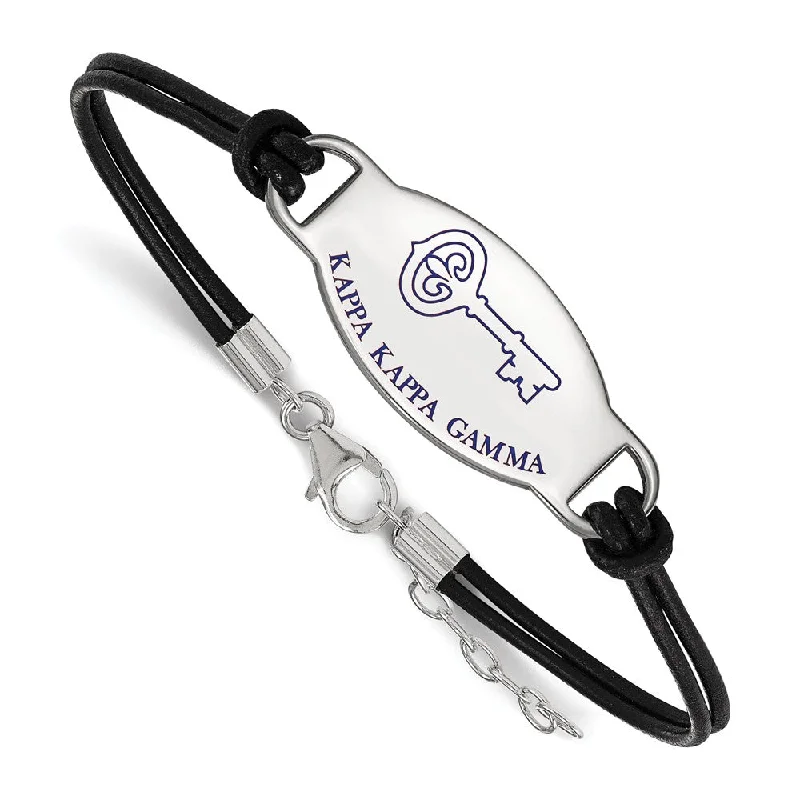 Sterling Silver Kappa Kappa Gamma Enamel Black Leather Bracelet - 7 in