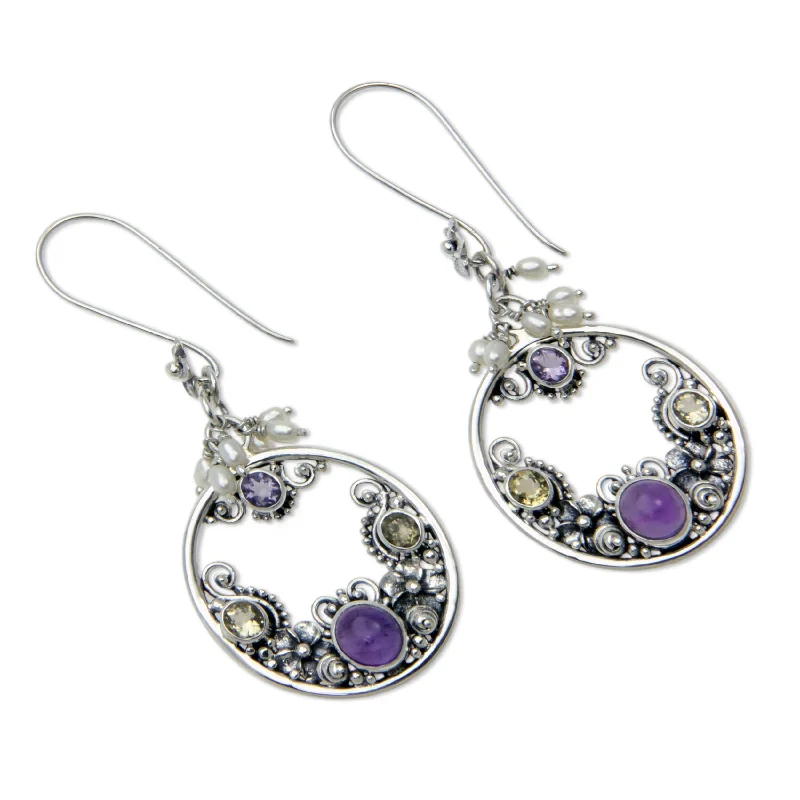 NOVICA Cultured Pearl and Amethyst Earrings 'Frangipani Moons' (Indonesia) - 2.4L*1.1W