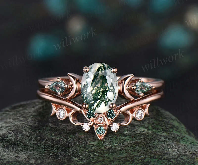 Oval cut moss agate promise ring Celtic knot moon three stone engagement ring set women kite wedding ring women