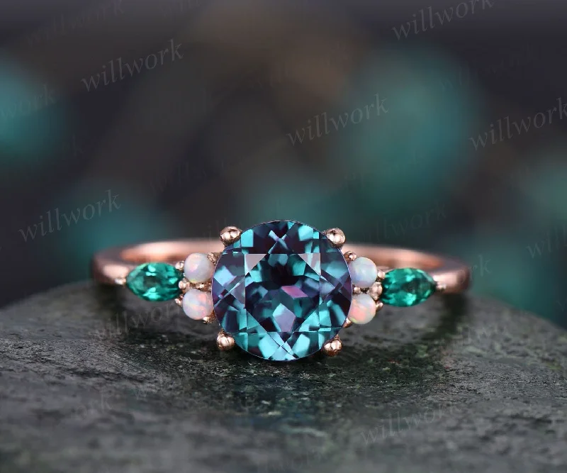 Round Alexandrite engagement ring vintage opal ring marquise emerald ring for women rose gold ring jewelry unique anniversary wedding ring