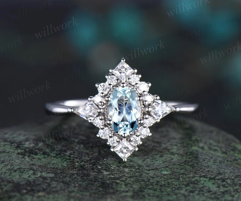 Oval cut Aquamarine ring vintage white gold halo kite princess unique engagement ring women moissanite promise anniversary ring gift