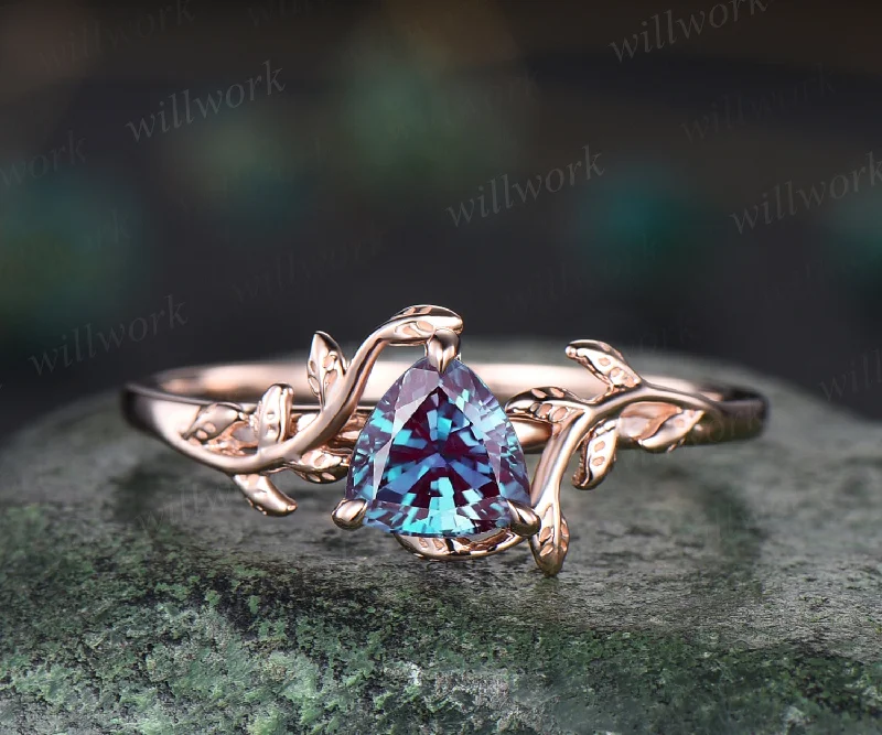 Unique alexandrite engagement ring 14k rose gold nature inspiration leaf ring art deco promise ring anniversary gifts for women