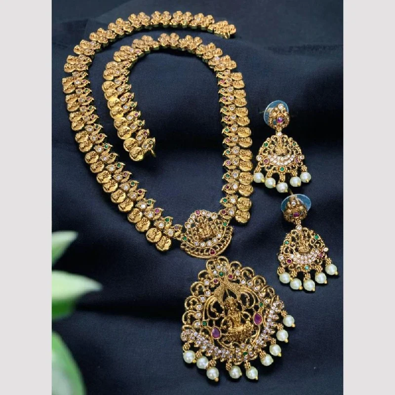 Sona Creation Gold Plated Pota Stone And Pearls Temple Necklace Set