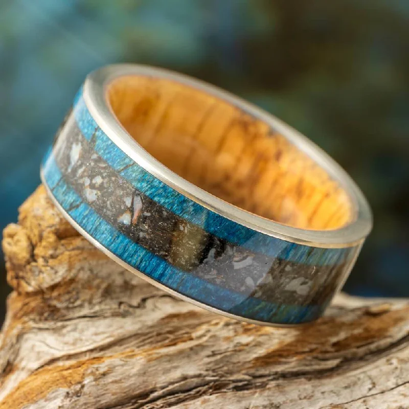 Unique Blue Men's Wedding Band With Dinosaur Bone