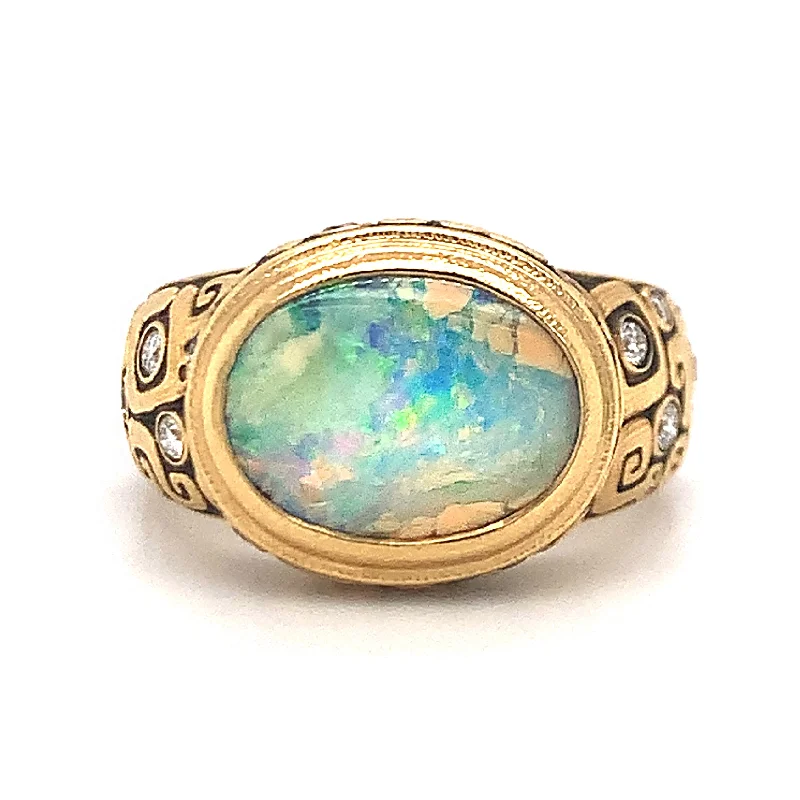 Australian Boulder Opal & Diamond Yellow Gold Ring - "Painted Sky"