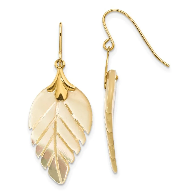 14k Yellow Gold Mother of Pearl Leaf Drop Dangle Earrings French Wire (L-33 mm, W-13 mm)