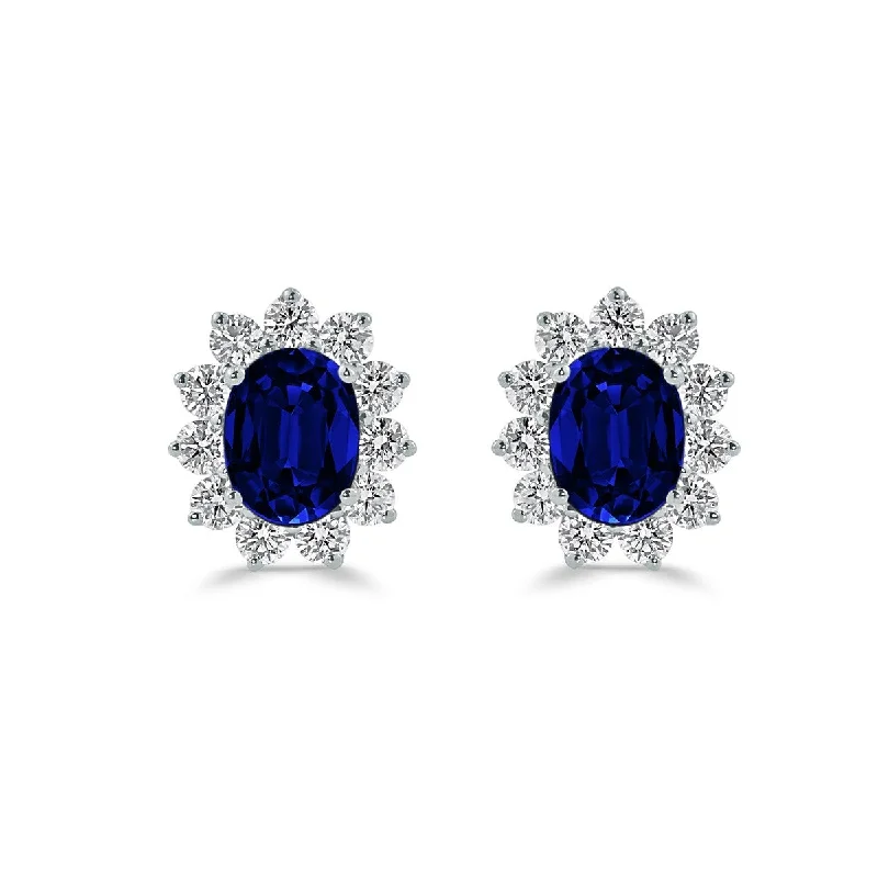 Auriya Iconic 3ct Royal Blue Sapphire Oval and 1 1/4ct Diamond Halo Stud Earrings 18k Gold