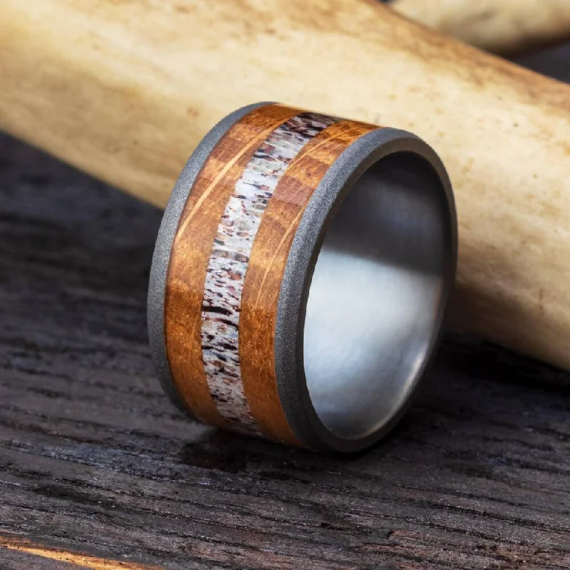 Antler and Whiskey Barrel Oak Wood Ring with Sandblasted Finish