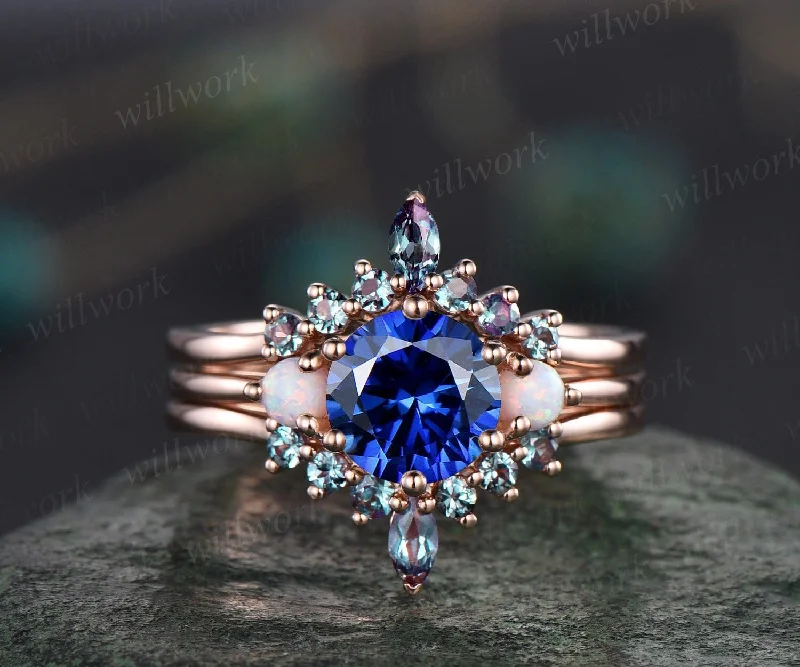 Vintage blue sapphire engagement ring set rose gold three stone opal ring women alexandrite bridal wedding ring set gemstone ring gift