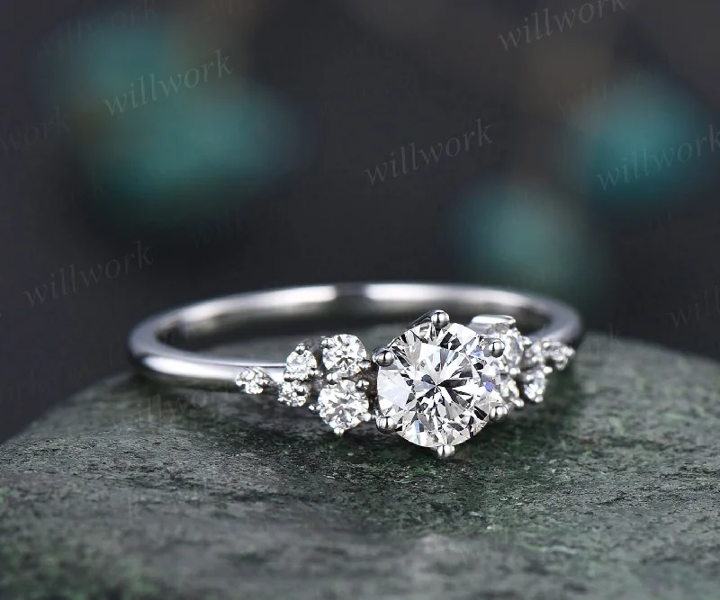 Unique round cut Lab grown diamond engagement ring solid 14k white gold 6 prong cluster snowdrift diamond promise wedding ring women gift