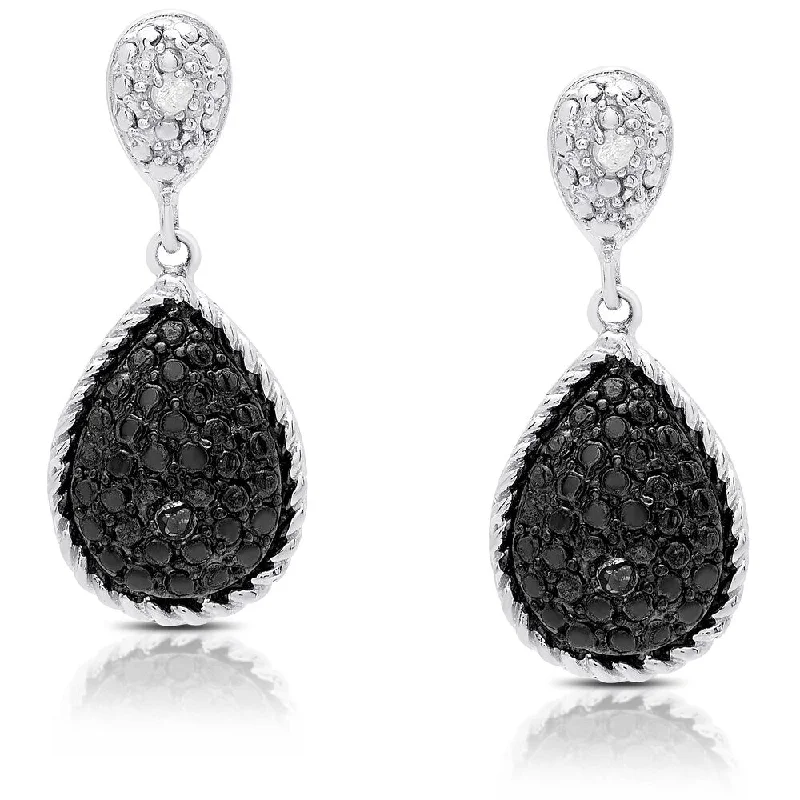 Finesque Silver Overlay Black Diamond Accent Dangle Earrings