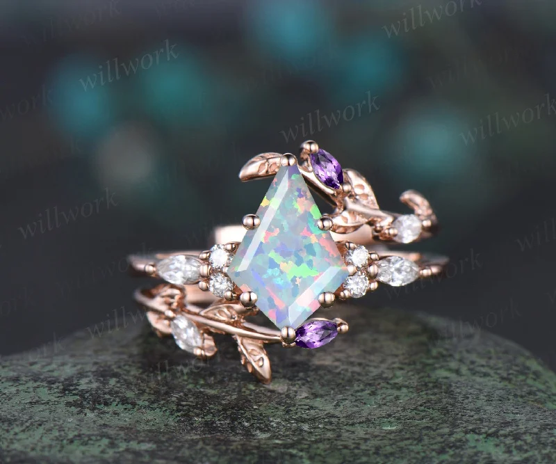 Unique kite cut white opal engagement ring twig leaf rose gold diamond amethyst wedding band enhancer anniversary ring women gift