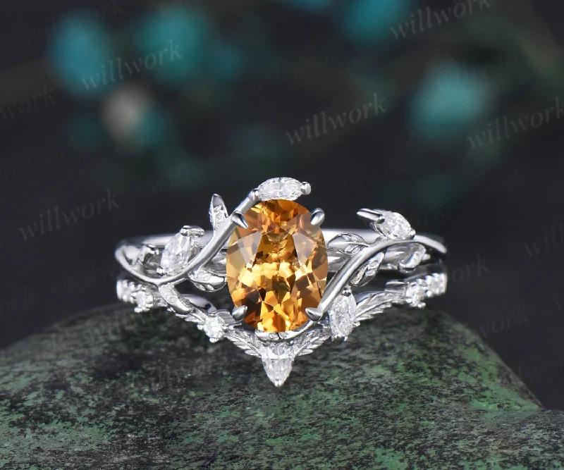 Vintage oval cut yellow citrine engagement ring 14k white gold leaf nature inspired unique Crystal diamond bridal wedding ring set women