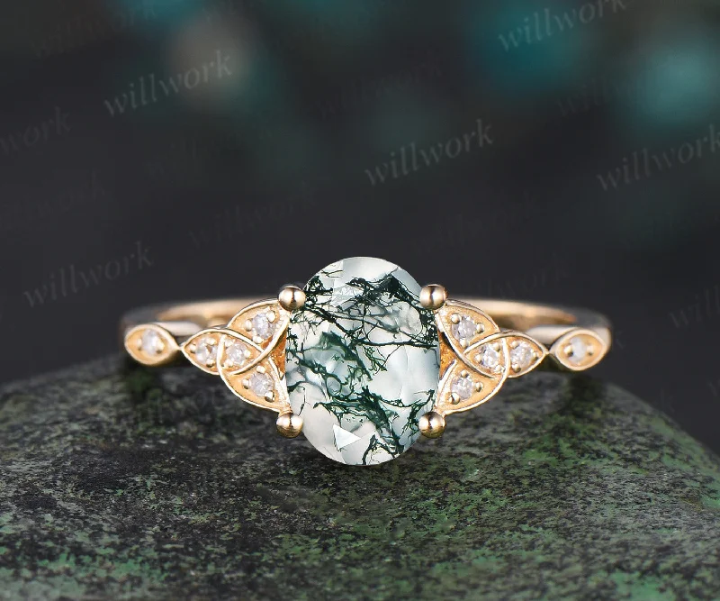 Oval cut moss agate ring yellow gold Celtic knot diamond ring marquise unique Engagement Ring women dainty promise ring