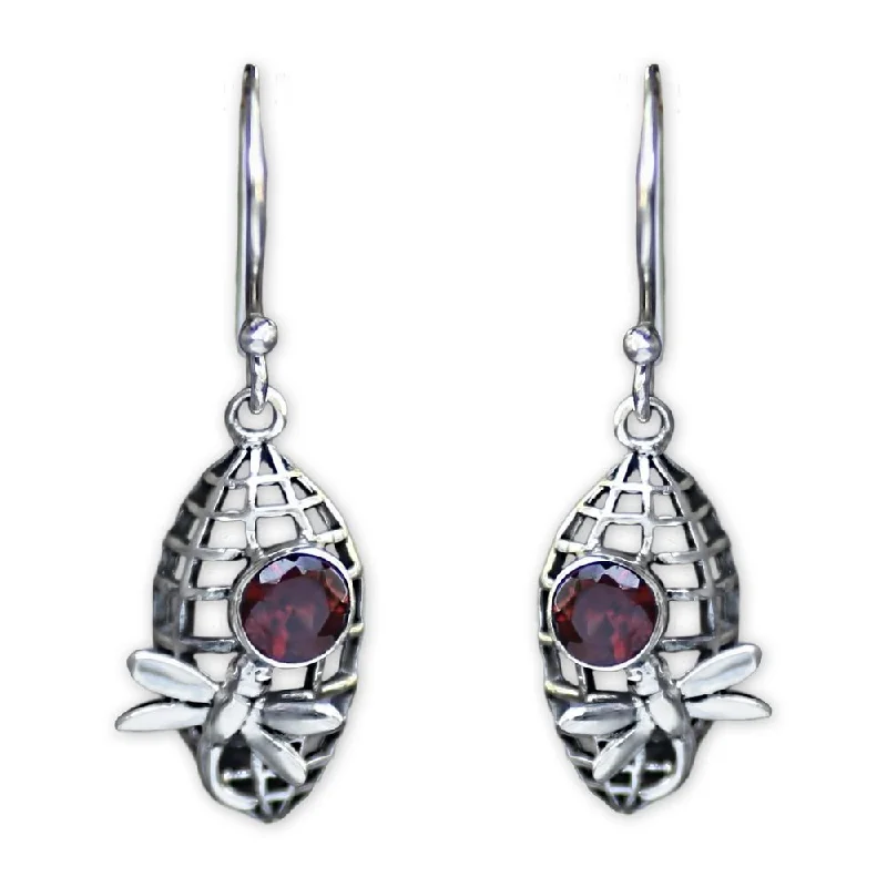 Handmade Dragonfly in Crimson Sterling Silver Garnet Earrings (Indonesia)