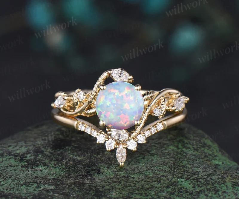 Round white opal ring vintage yellow gold leaf Snake unique engagement ring twisted diamond bridal wedding ring women