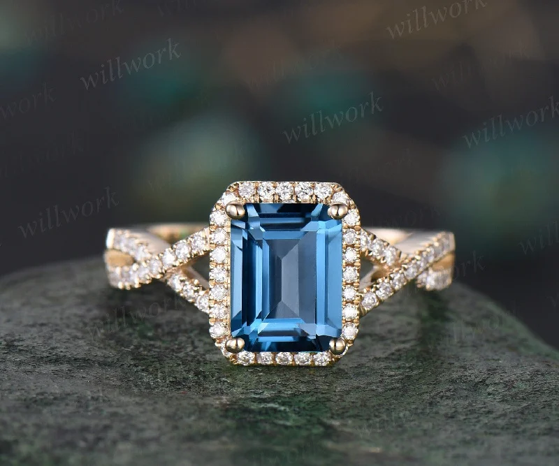 Emerald cut London blue topaz ring vintage infinity halo unique engagement ring twisted diamond ring yellow gold promise wedding ring women