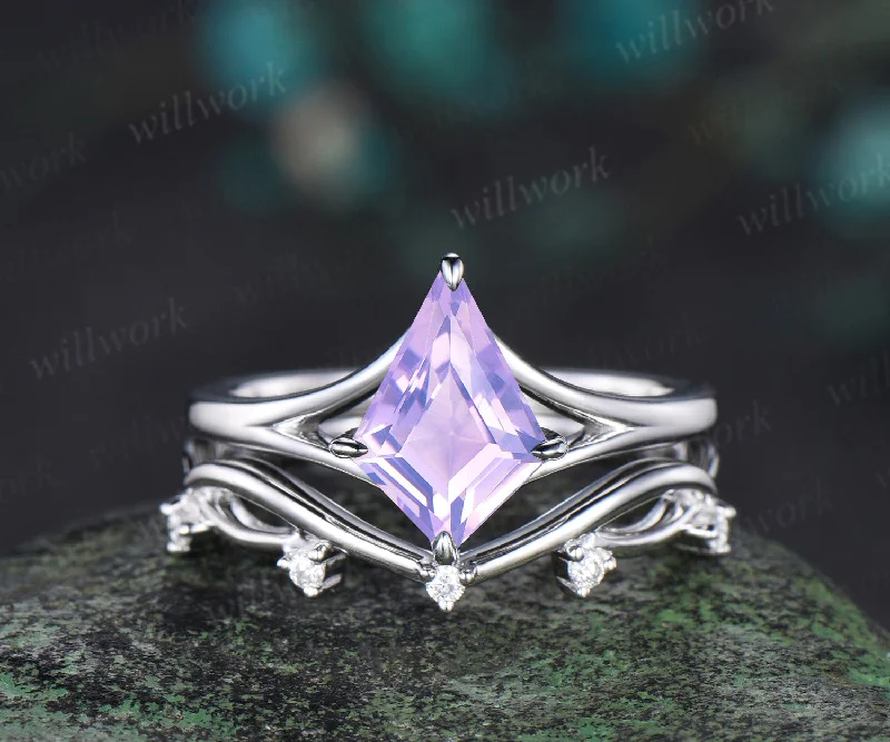 Kite cut Lavender Amethyst 14k white gold unique split shank engagement ring women infinity anniversary gift