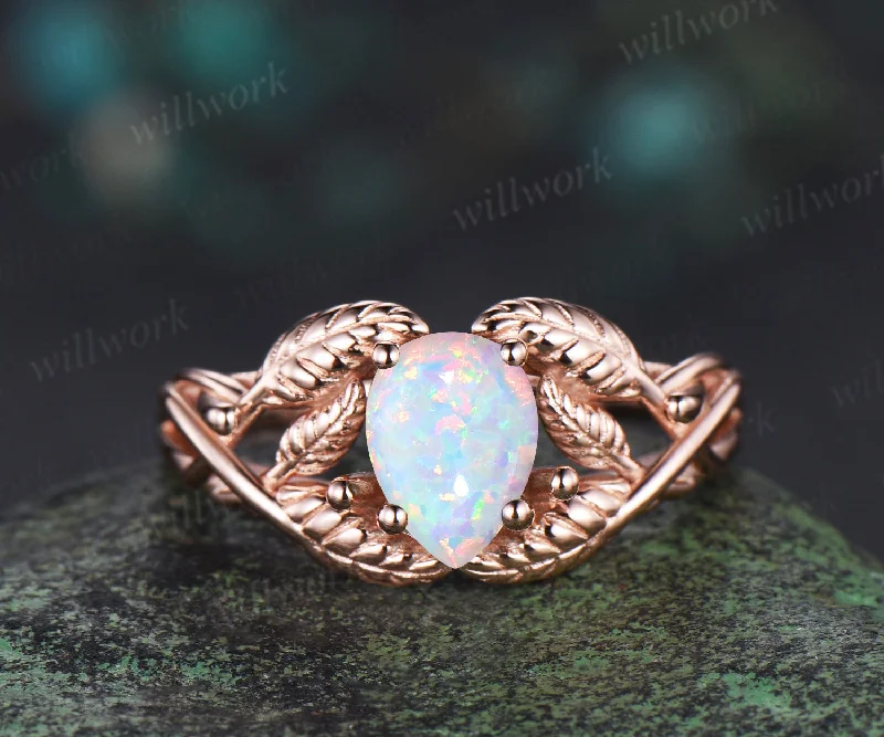 Pear shaped white opal wedding ring rose gold branch leaf Solitaire infinity engagement ring women Teardrop anniversary gift