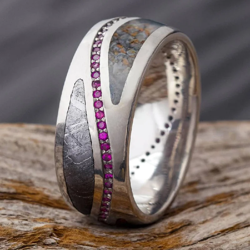 Fossil and Meteorite Wedding Band with Wavy Ruby Eternity Set