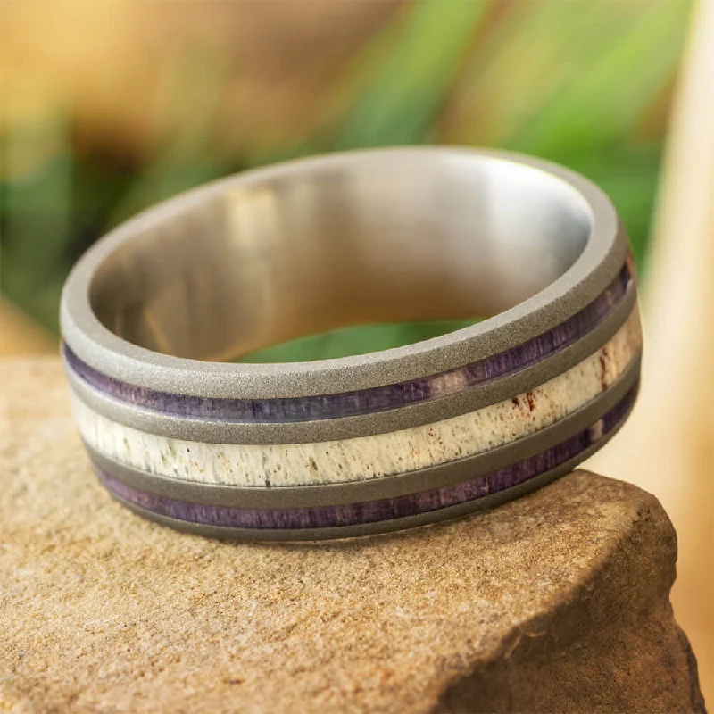 Antler Wedding Band with Sandblasted Titanium and Wood