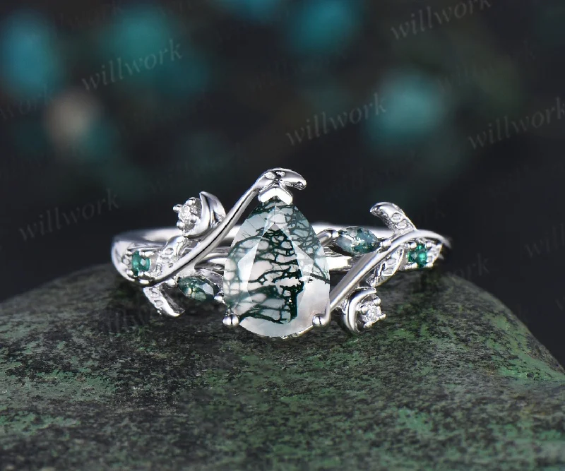 Pear cut moss agate ring vintage leaf moon white gold unique engagement ring women branch twisted emerald anniversary ring women