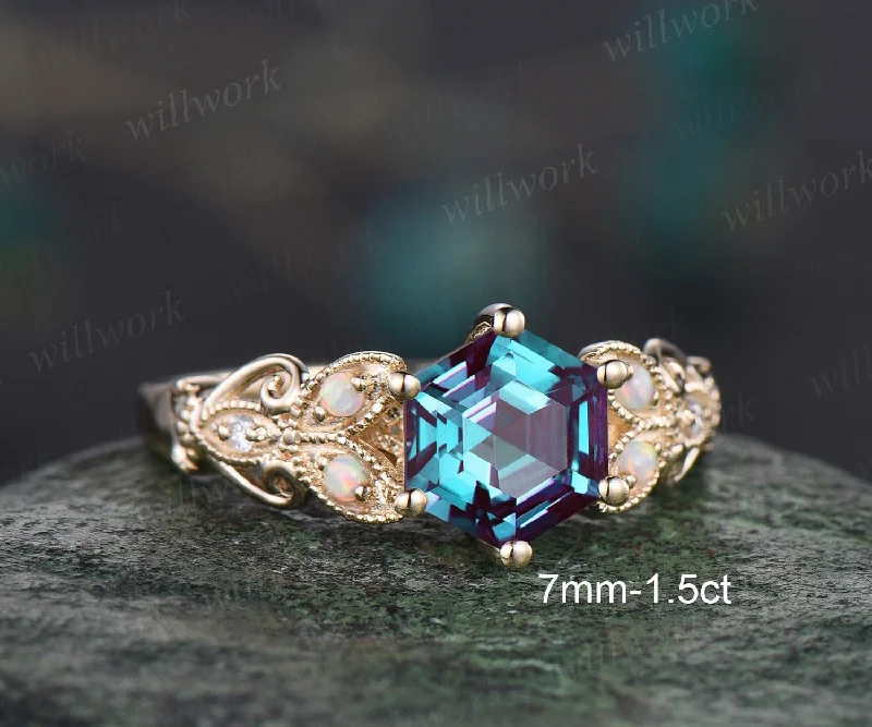 Hexagon Alexandrite ring vintage leaf opal ring 14k yellow gold unique butterfly engagement ring women Milgrain moissanite wedding ring gift