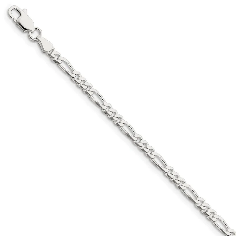 4mm Rhodium Plated Sterling Silver Solid Figaro Chain Bracelet