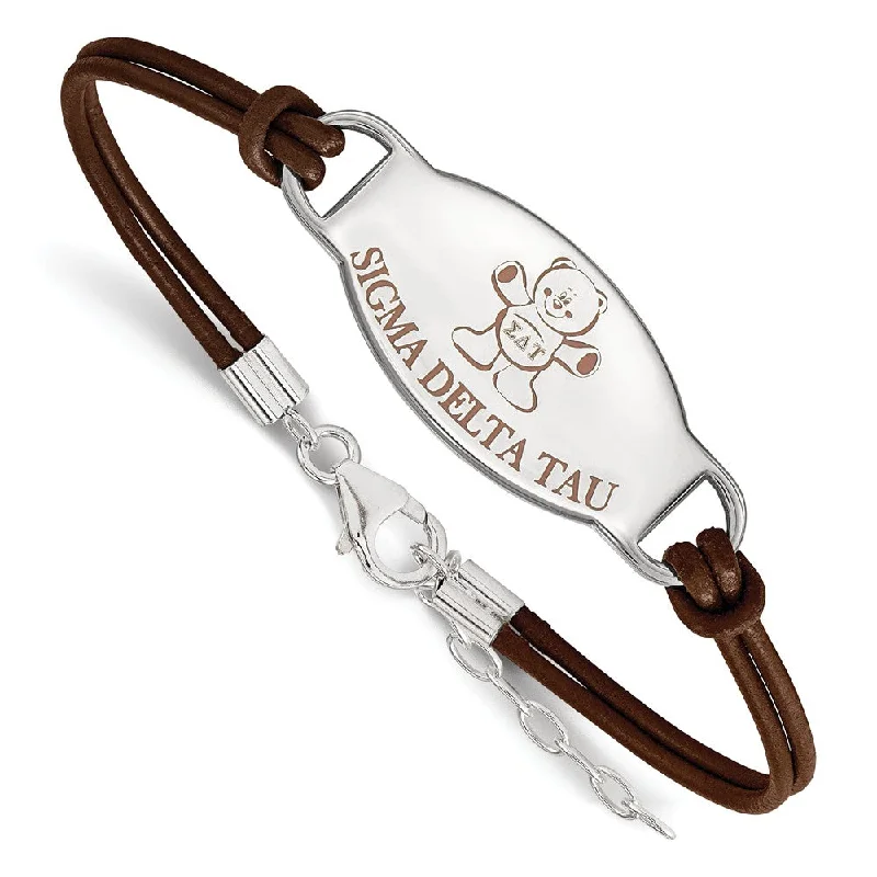 Sterling Silver Sigma Delta Tau Enamel Brown Leather Bracelet - 7 in.